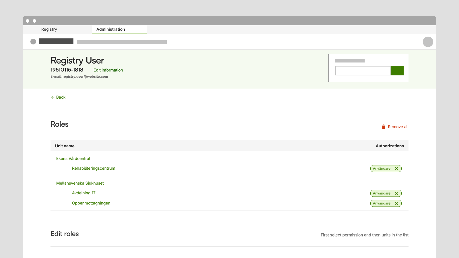 View of a user's registry permissions