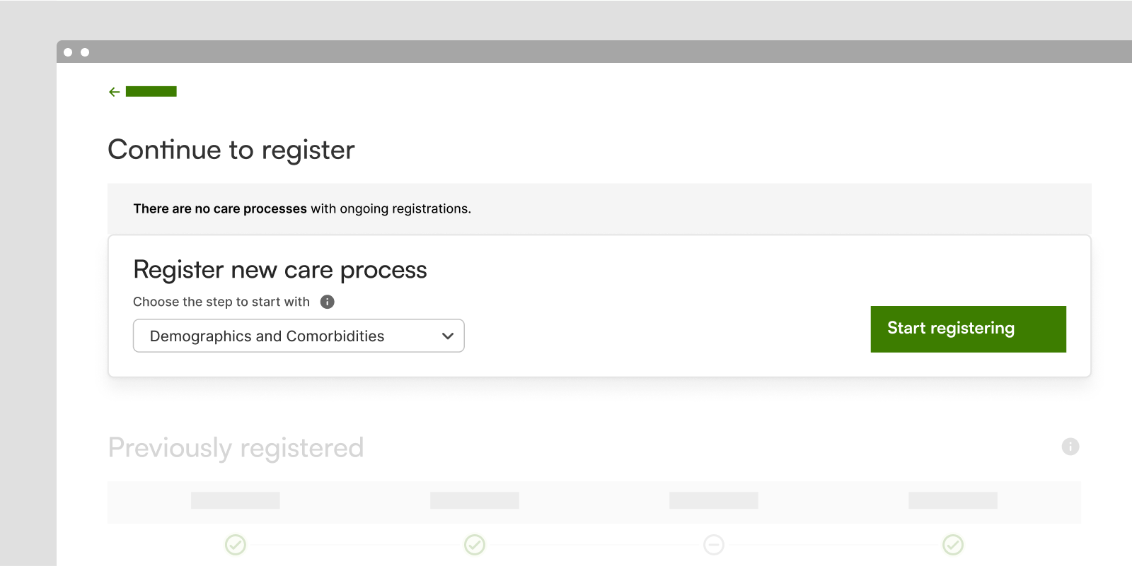 Component where you select a registration form to start a new care process