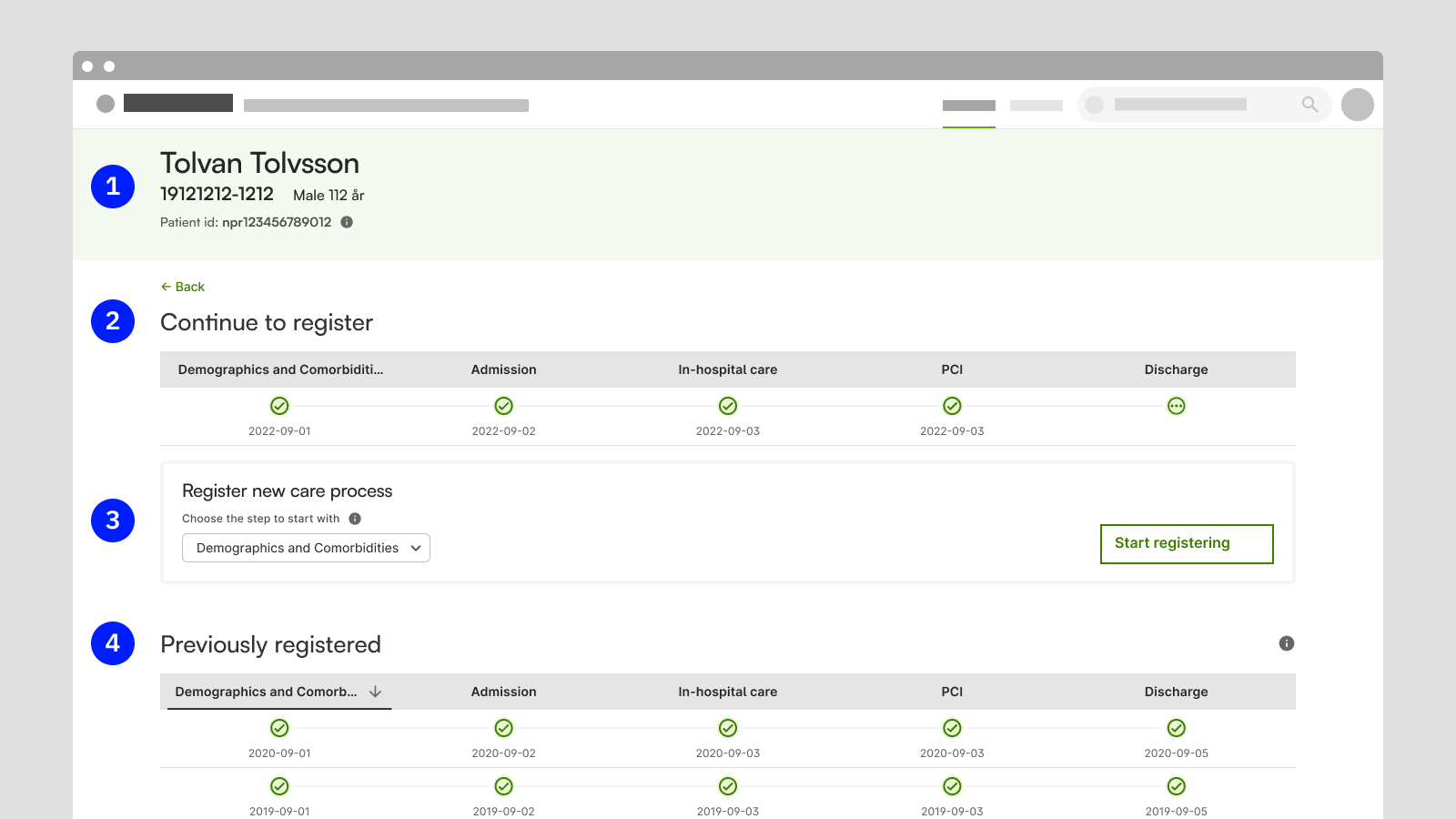 Patient page in a care process registry