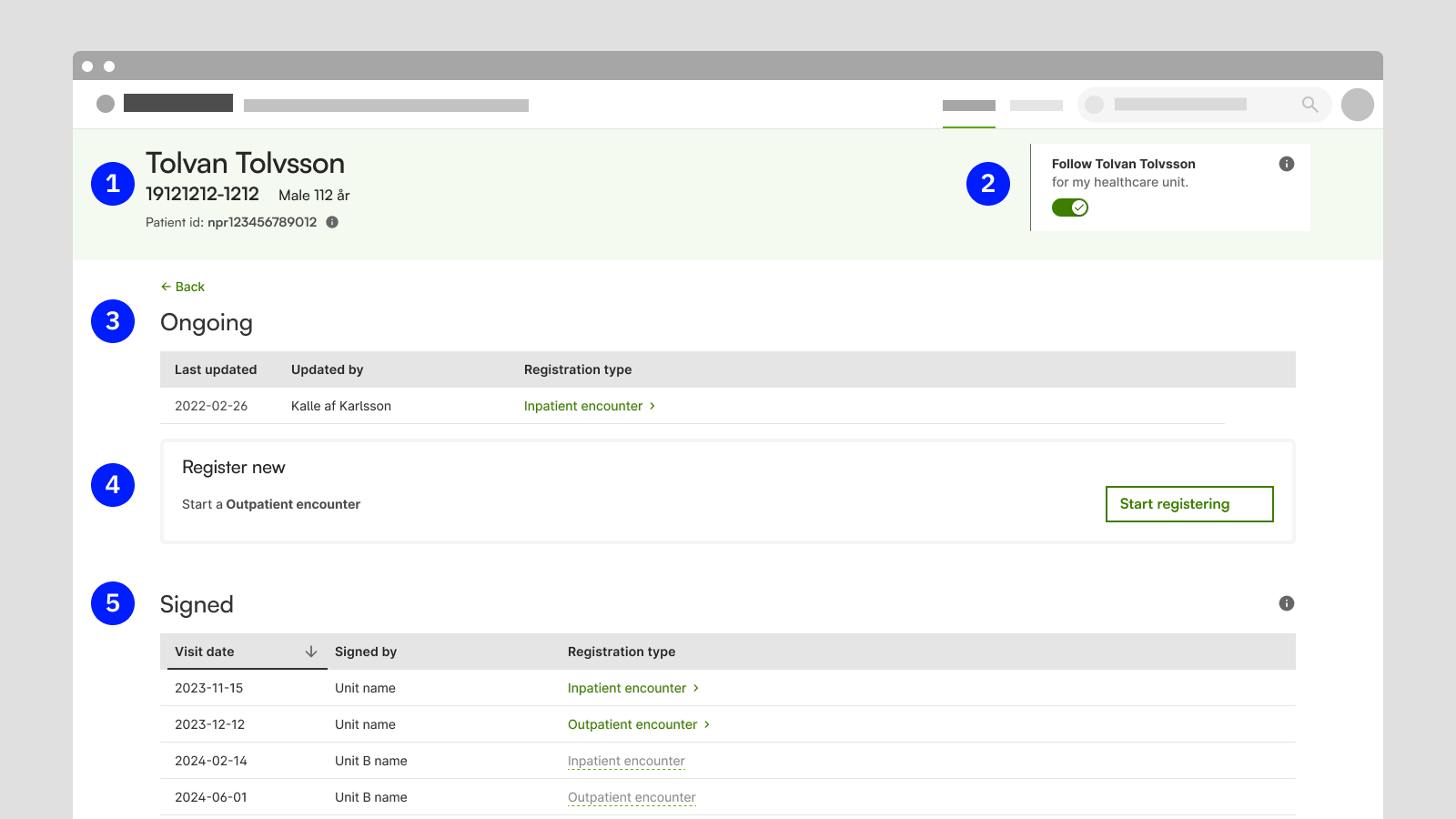 Patient page in a follow-up registry