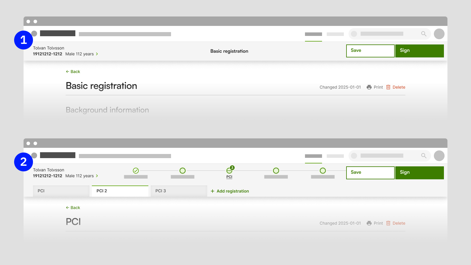 Patient context panel in a follow-up registry and in a care process registry