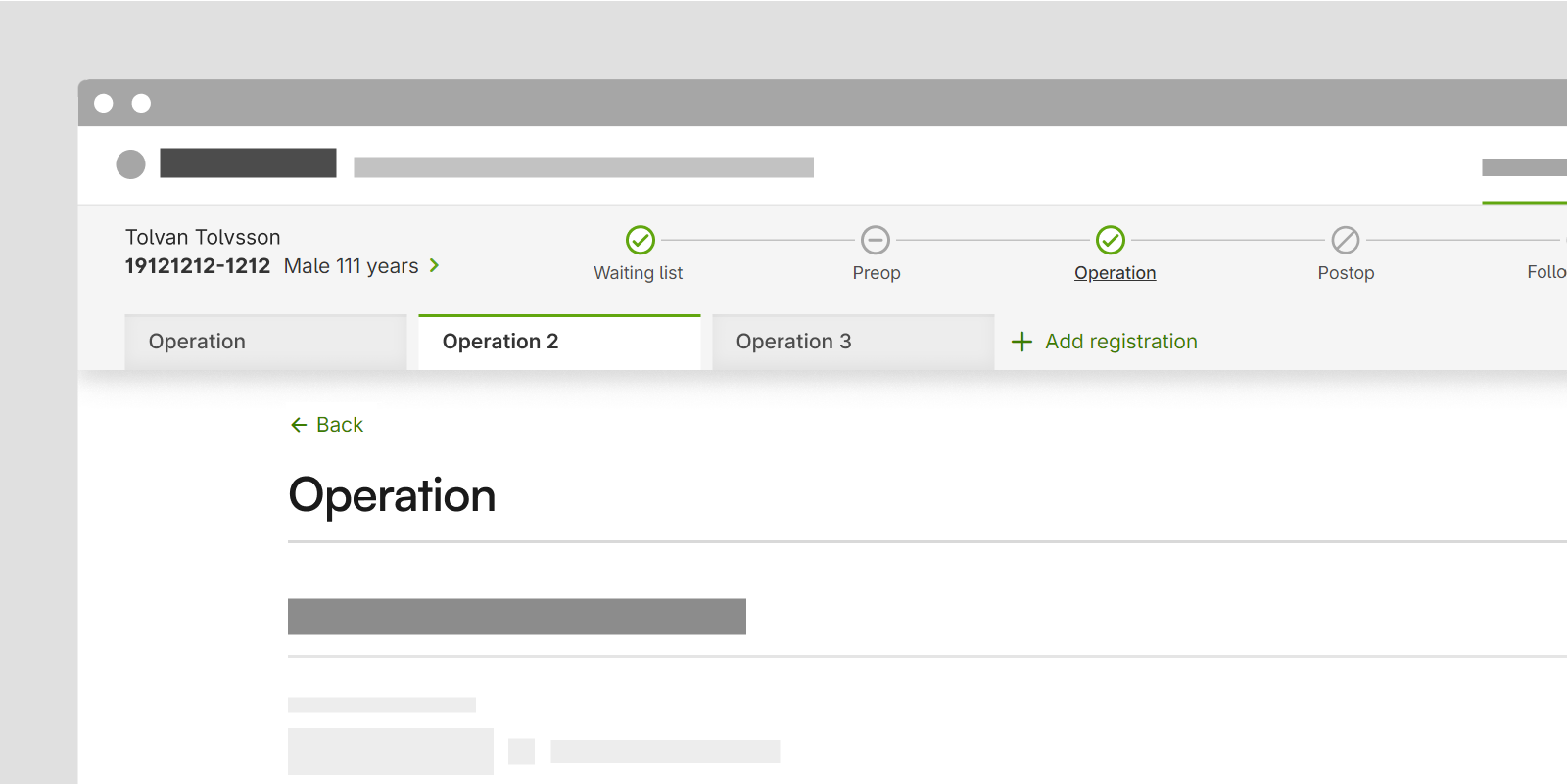 Header on a registration page in a care process registry, where it is possible to add another step by clicking Add registration