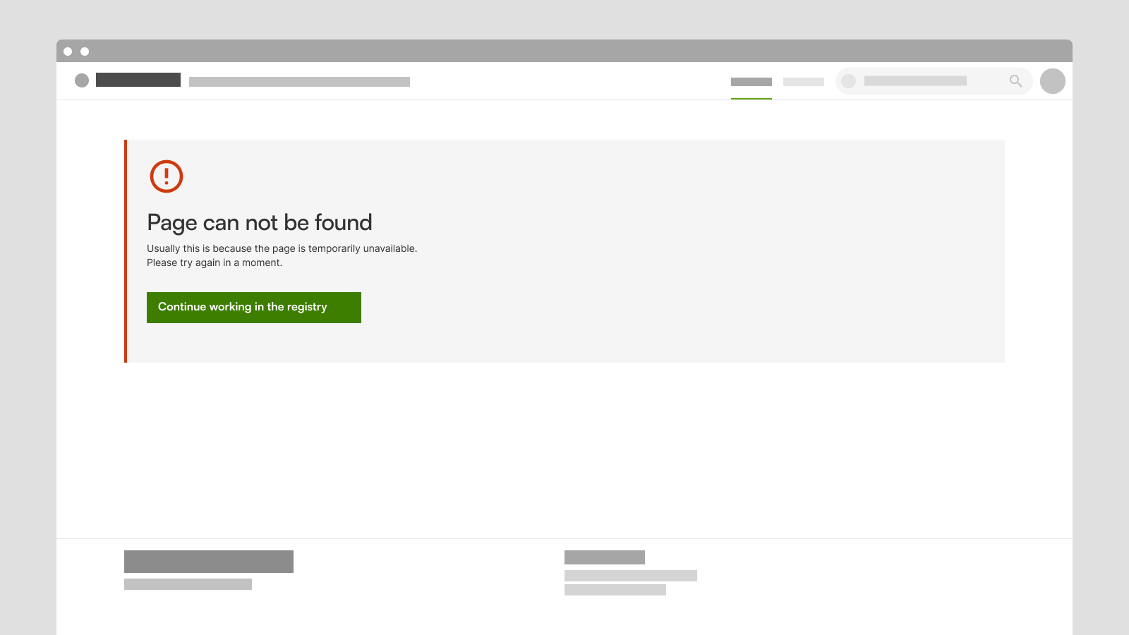 Screen shot from a registry showing this message: The page cannot be found. Usually this is because the page is temporarily unavailable. Please try again in a moment.