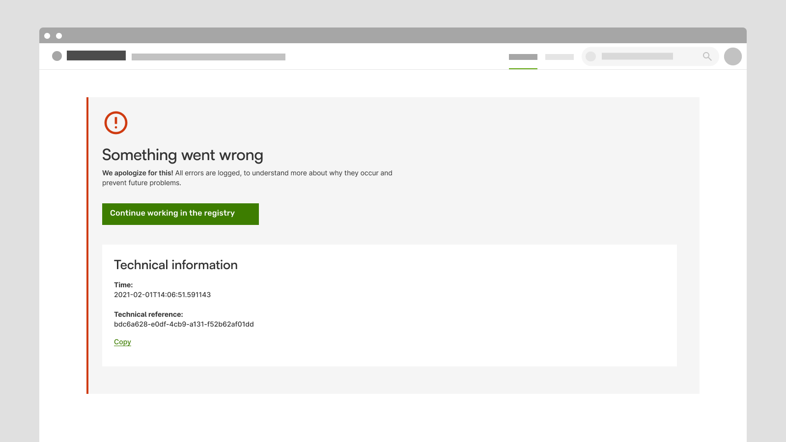 Screen shot from a registry showing this message: Something went wrong. We apologize for this! All errors are logged, to understand more about why they occur and prevent future problems.