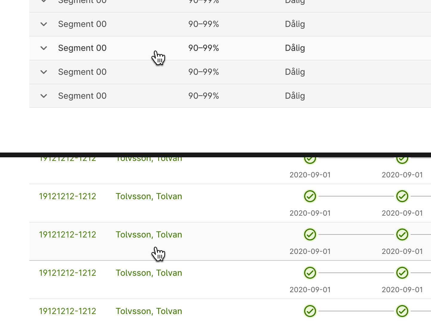 Table row with mouse pointer